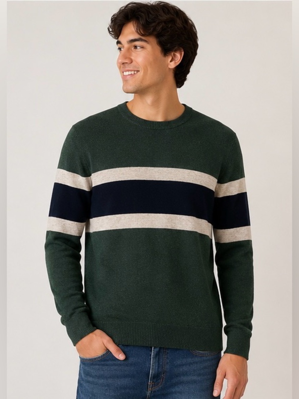Old Navy Men's Dark Green Crewneck Sweater with Navy and Cream Stripes